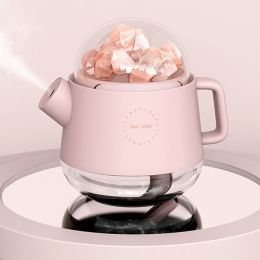 Rechargeable Battery Wireless Aroma Diffuser Salt Lamp Crystal Stone Magic Teapot Himalayan Salt Humidifier (Color: Pink)