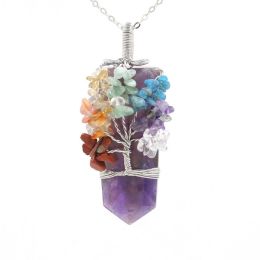 Crystal Column Tree Of Life Winding Pendant Necklace (Color: Amethyst)